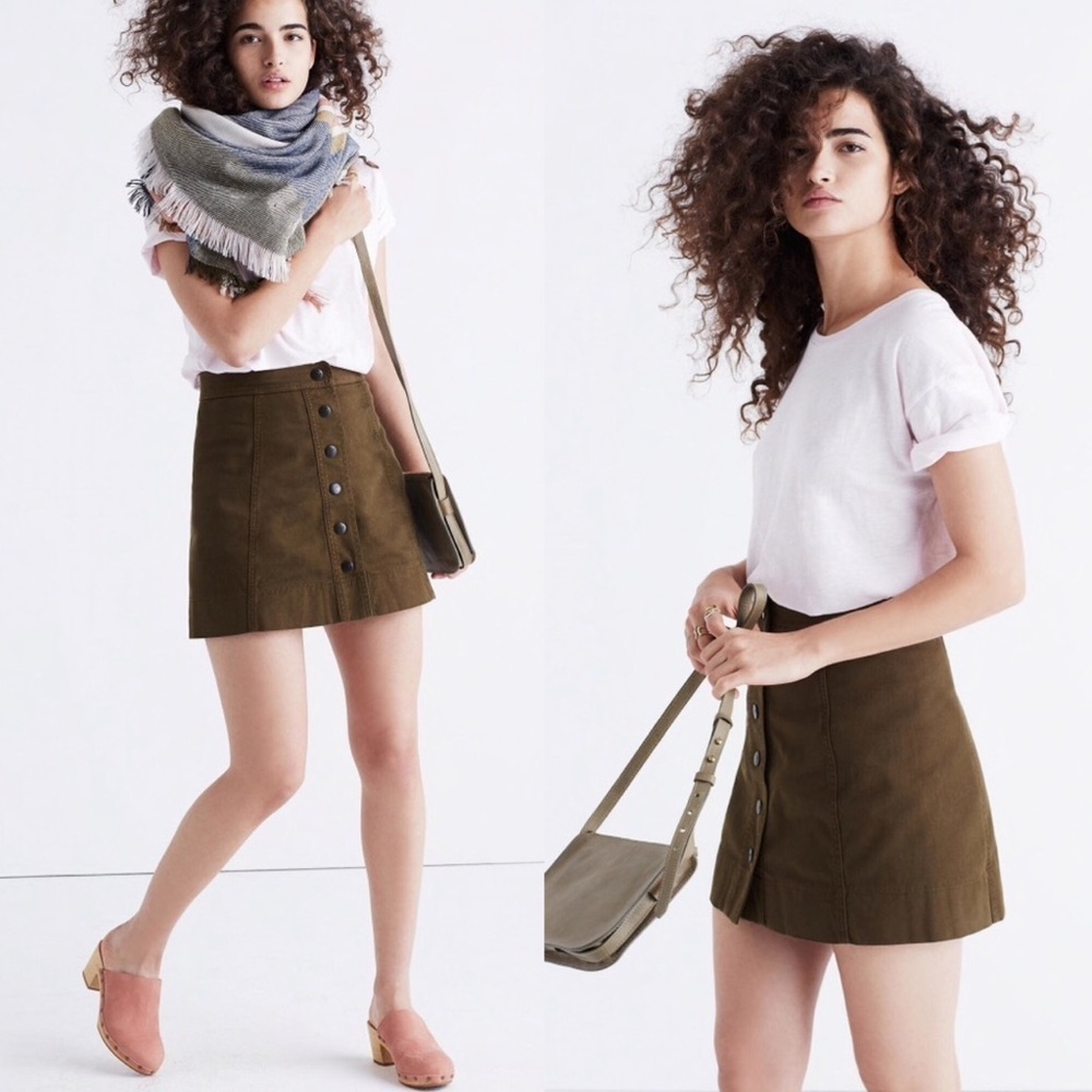 MADEWELL L6996 METROPOLIS SNAP JEAN OLIVE GREEN A-LINE COTTON MINI SKIRT